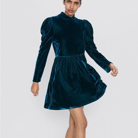 Zara Dresses Zara Duck Green Teal Velvet Dress With Puff - Main Image